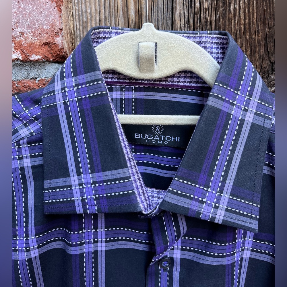 Bugatchi Uomo Men's Black and Purple Checkered Shirt L